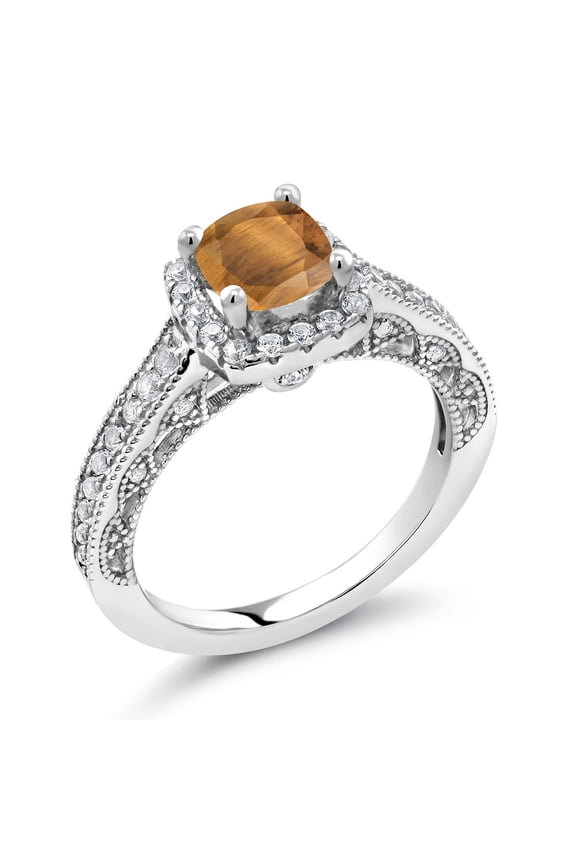 1.58 Ct Cushion Brown Tiger Eye White Created Sapphire 925 Sterling Silver Ring