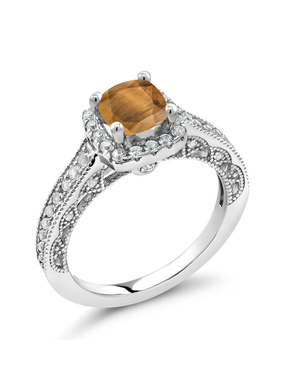 1.58 Ct Cushion Brown Tiger Eye White Created Sapphire 925 Sterling Silver Ring