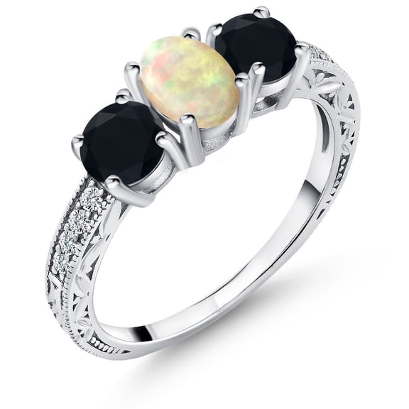 Gem Stone King 1.58 Ct Oval Cabochon White Ethiopian Opal Black Onyx 925 Sterling Silver Ring (Size 5)