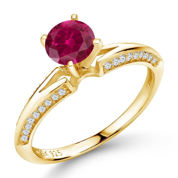 Gem Stone King 1.58 Ct Round Red Created Ruby 18K Yellow Gold Plated Sterling Silver Ring (Size 6)