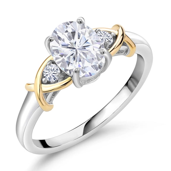 Gem Stone King 1.58 Cttw White Moissanite 3-Stone Engagement Ring for Women | 925 Sterling Silver and 10K Yellow Gold | Oval 8X6MM | Three Stone Wedding Anniversary Promise Ring (Size 9)