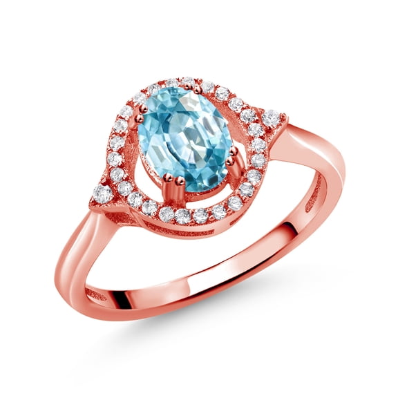 Gem Stone King 1.59 Ct Oval Blue Zircon 18K Rose Gold Plated Silver Ring (Size 7)