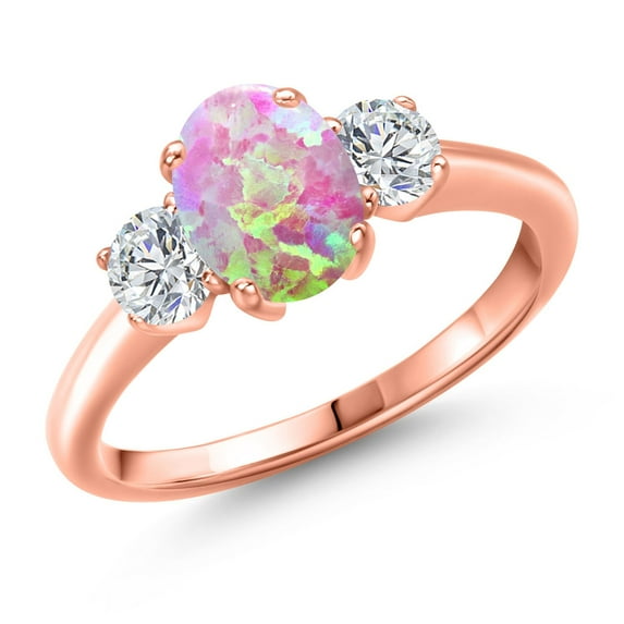 Gem Stone King 1.59 Ct Oval Cabochon Pink Simulated Opal G/H Lab Grown Diamond 18K Rose Gold Plated Silver Ring