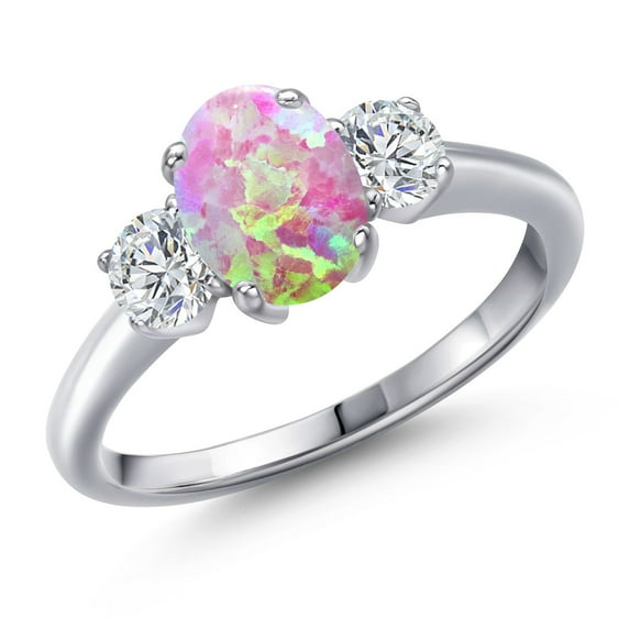 Gem Stone King 1.59 Ct Oval Cabochon Pink Simulated Opal G/H Lab Grown Diamond 925 Sterling Silver Ring