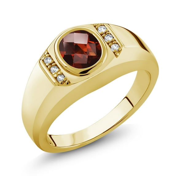 Gem Stone King 1.59 Ct Oval Checkerboard Red Garnet White Created Sapphire 18K Yellow Gold Plated Silver Men's Ring