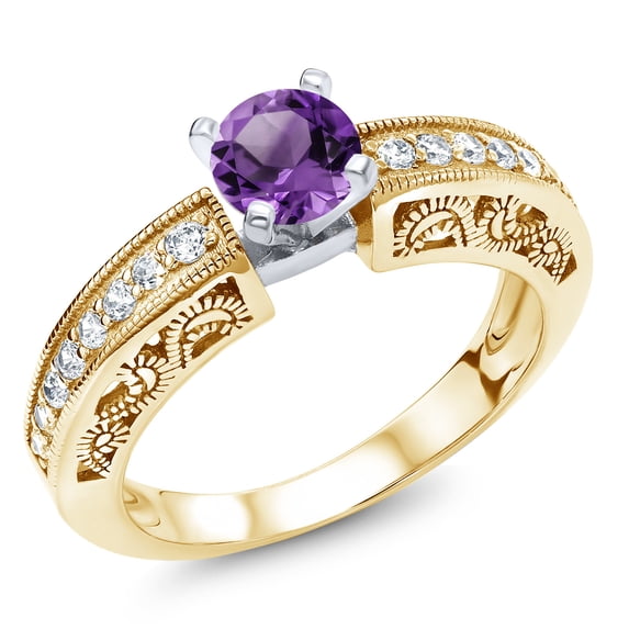 Gem Stone King 1.59 Ct Round Purple Amethyst 18K Two-Tone Plated Sterling Silver Ring (Size 7)