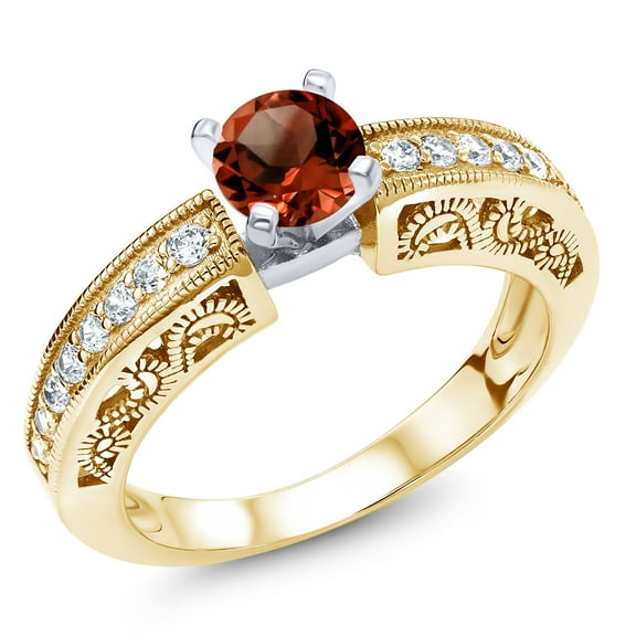 Gem Stone King 1.59 Cttw Round Red Garnet 18K Two-Tone Plated Sterling Silver Ring for Women | Wedding Engagement Anniversary Promise Ring for Women| Size 8