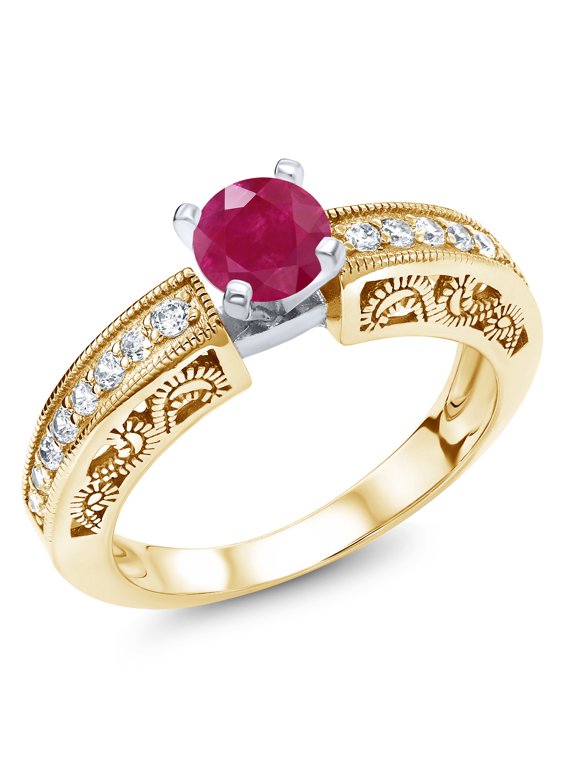 1.59 Ct Round Red Ruby 18K Two-Tone Plated Sterling Silver Ring (Size 8)