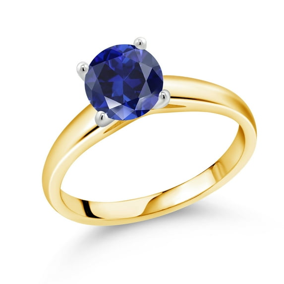 Gem Stone King 10K White And Yellow Gold Blue Created Sapphire Engagement Ring for Women | 1.60 Cttw | Round 7MM | Gemstone September Birthstone | Size 7