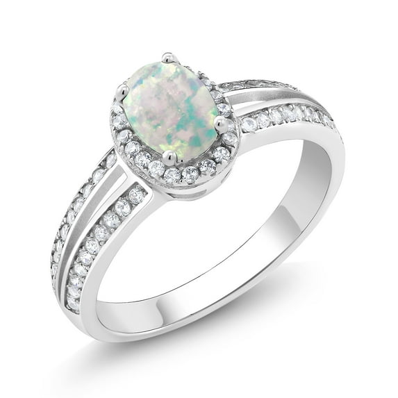Gem Stone King 925 Sterling Silver Simulated White Opal Engagement Ring for Women | 1.60 Cttw | Oval Cabochon 7X5MM | Gemstone October Birthstone | Size 6