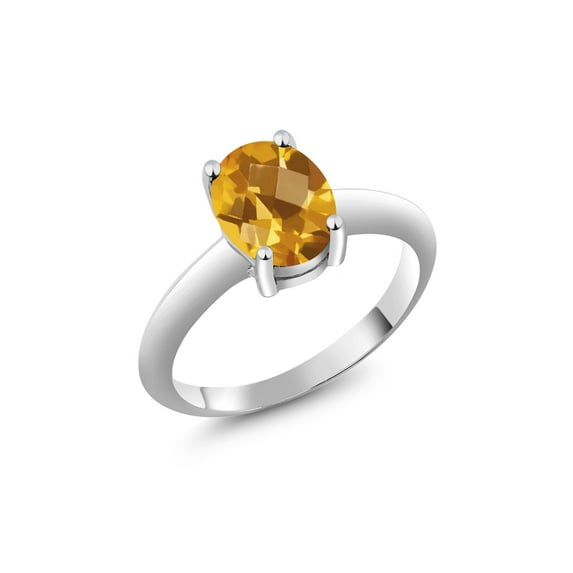 Gem Stone King 925 Sterling Silver Yellow Citrine Solitaire Engagement Ring for Women (1.60 Cttw, Oval Checkerboard 9X7MM, Gemstone November Birthstone, Available in Size 5, 6, 7, 8, 9)