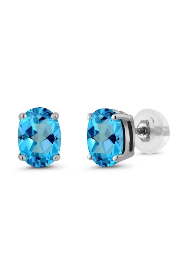 14K White Gold American Blue Mystic Topaz Stud Basket Setting Earrings for Women Men (1.60 Cttw, Gemstone Birthstone, Oval 7X5MM)