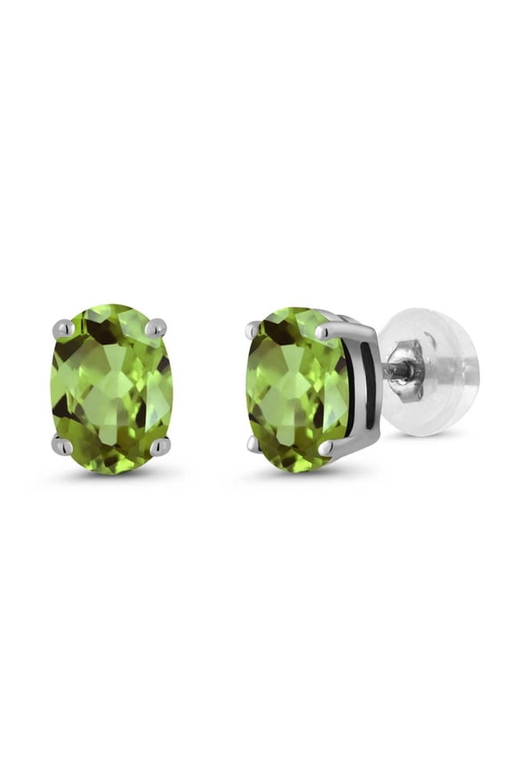 14K White Gold Green Peridot Stud Basket Setting Earrings for Women Men (1.60 Cttw, Gemstone August Birthstone, Oval 7X5MM)