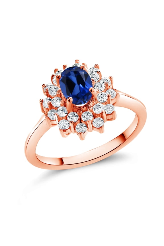 1.60 Ct Oval Blue Created Sapphire 18K Rose Gold Plated Silver Flower Ring (Size 7)
