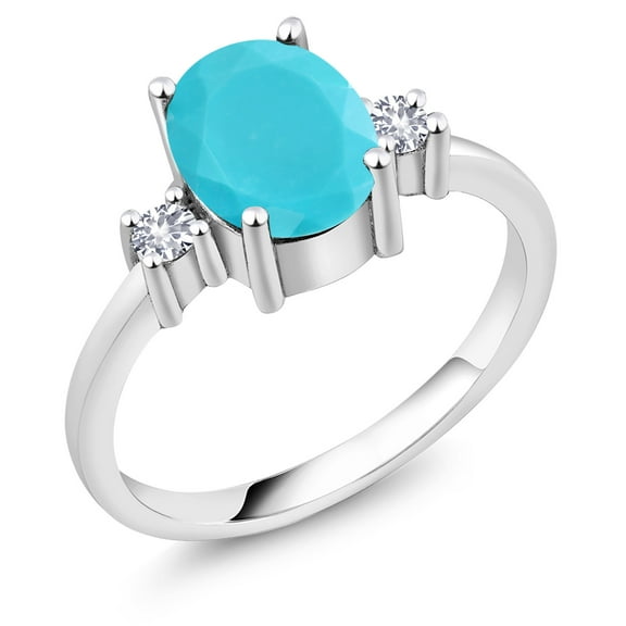 Gem Stone King 1.60 Ct Oval Green Turquoise White Created Sapphire 925 Sterling Silver Ring (Size 7)