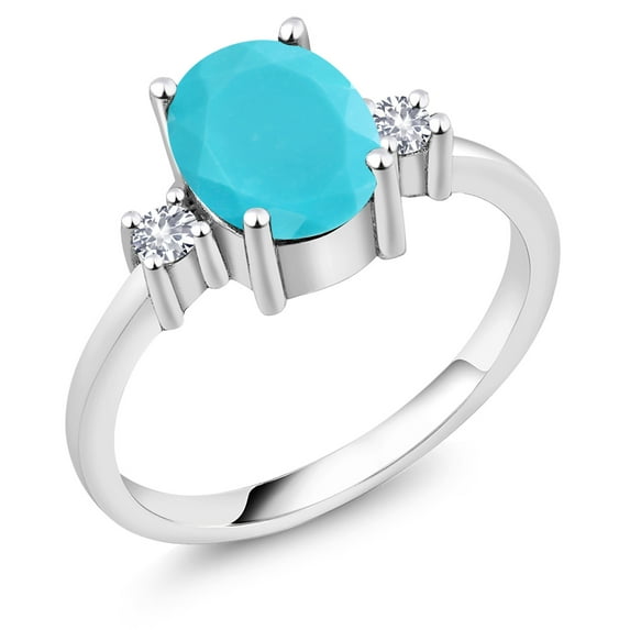 Gem Stone King 1.60 Ct Oval Green Turquoise White Created Sapphire 925 Sterling Silver Ring (Size 8)