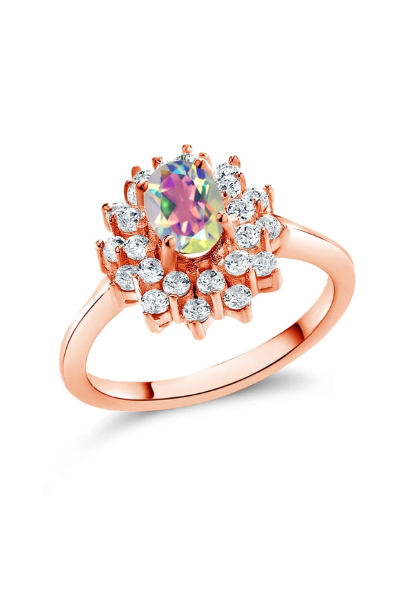 1.60 Ct Oval Mercury Mist Mystic Topaz 18K Rose Gold Plated Silver Flower Ring (Size 7)