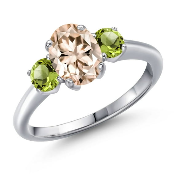 Gem Stone King 1.60 Ct Oval Peach Morganite Green Peridot 925 Sterling Silver Ring