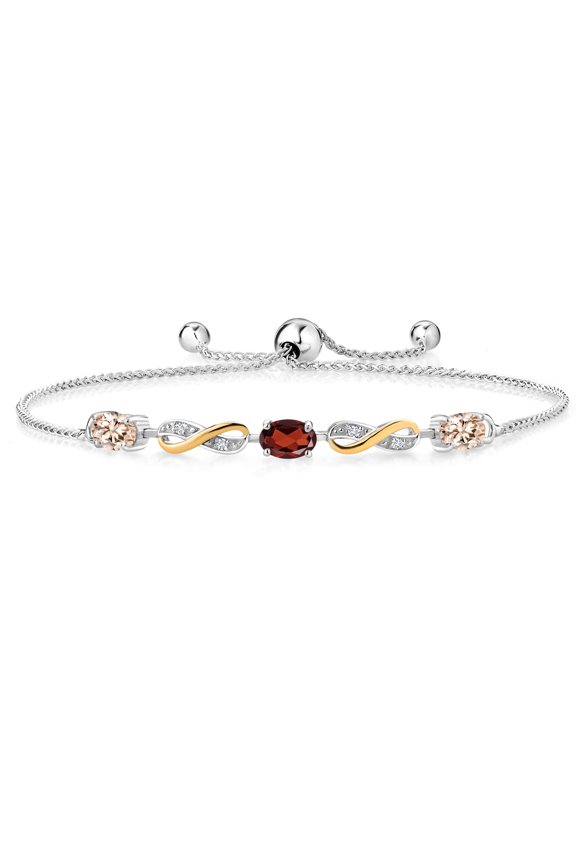 1.60 Ct Oval Peach Morganite Red Garnet 925 Silver and 10K Yellow Gold Lab Grown Diamond Adjustable Infinity Bracelet for Women Mother's Mom Wife Her