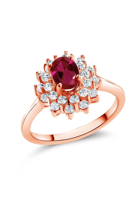 1.60 Ct Oval Red Created Ruby 18K Rose Gold Plated Silver Flower Ring (Size 7)