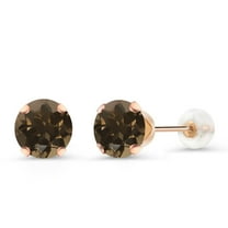 Gem Stone King 1.60 Ct Round 6mm Brown Smoky Quartz 10K Rose Gold Stud Earrings for Women Men
