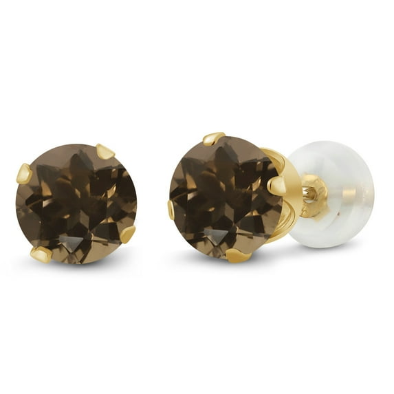 Gem Stone King 10K Yellow Gold Brown Smoky Quartz Stud Earrings for Women Men Jewelry | 1.60 Cttw | Gemstone Birthstone | Round 6MM