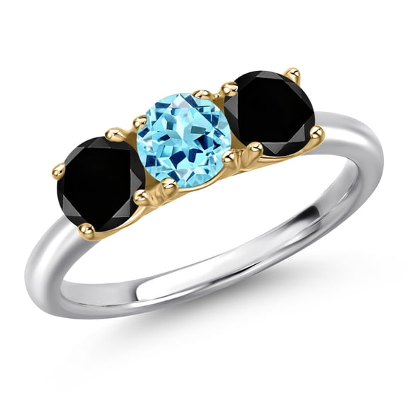 Gem Stone King 10K Two Tone Gold Blue Apatite and Black Diamond Engagement Ring for Women | 1.60 Cttw | Round 5MM | Gemstone Birthstone | Size 8
