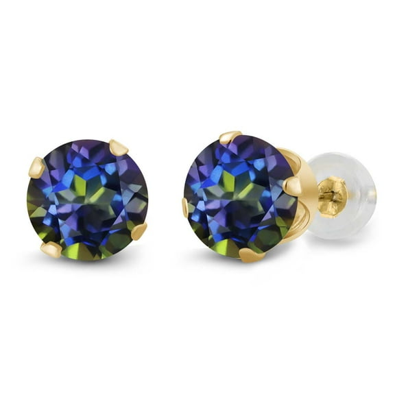 Gem Stone King 1.60 Ct Round Blue Mystic Topaz 14K Yellow Gold 4-prong Stud Earrings for Women Men 6mm