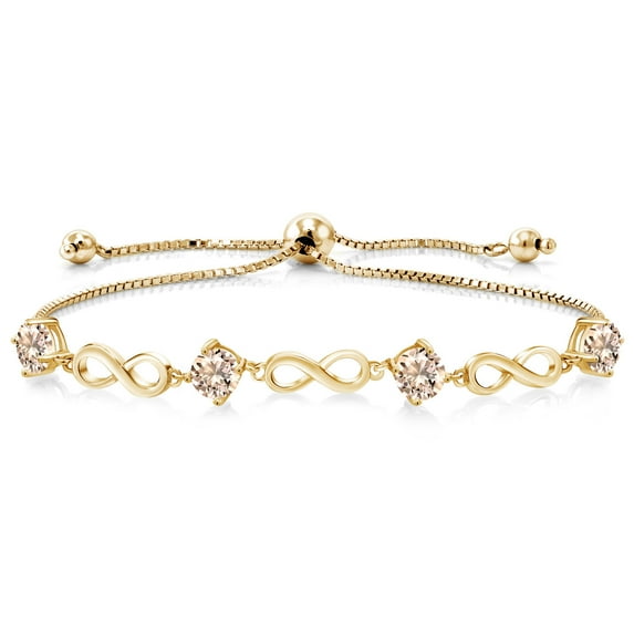 Gem Stone King 1.60 Ct Round Peach Morganite 18K Yellow Gold Plated Silver Keren Hanan Women Adjustable Infinity Tennis Bracelet