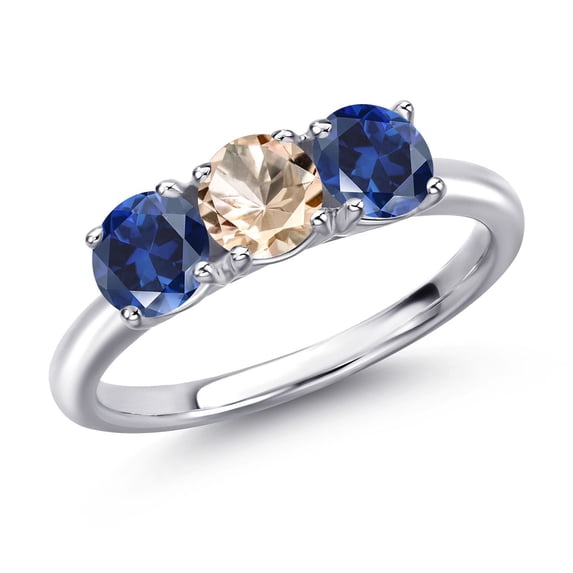 Gem Stone King 925 Sterling Silver Peach Morganite and Blue Created Sapphire Engagement Ring for Women | 1.60 Cttw | Round 5MM | Gemstone October Birthstone | Size 9