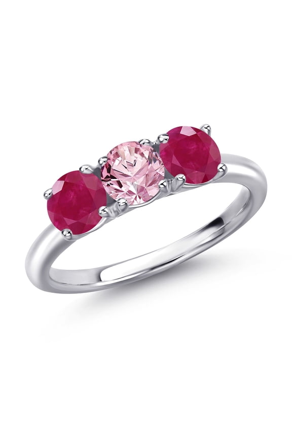 925 Sterling Silver Pink Lab Grown Diamond and Red Ruby Engagement Ring for Women | 1.60 Cttw | Round 5MM | Gemstone April Birthstone | Size 5