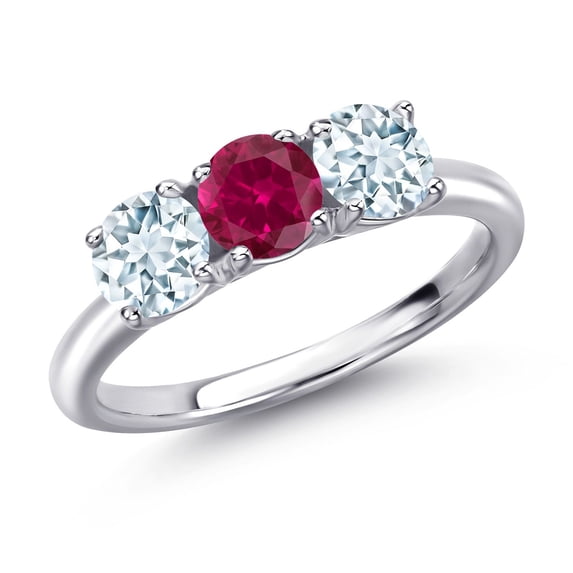 Gem Stone King 925 Sterling Silver Red Created Ruby and Sky Blue Aquamarine Engagement Ring for Women | 1.60 Cttw | Round 5MM | Gemstone July Birthstone | Size 9