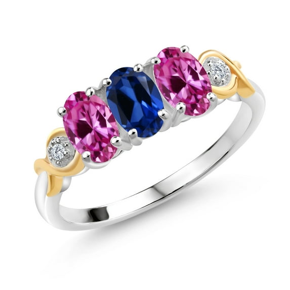Gem Stone King 1.62 Ct Blue Created Sapphire Pink Created Sapphire 925 Silver and 10K Yellow Gold G-H Lab Grown Diamond Women Ring (Size 8)