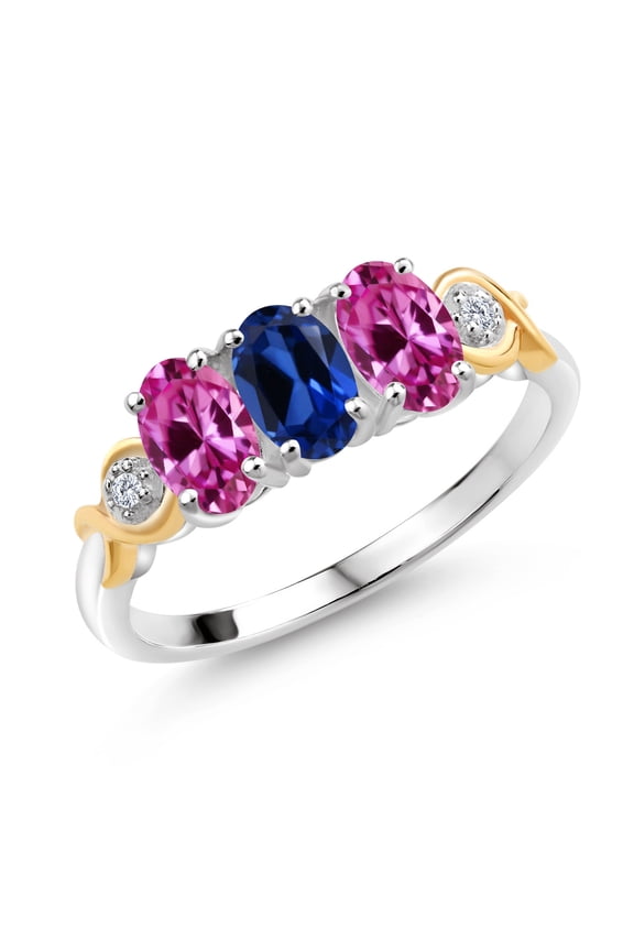 1.62 Ct Blue Created Sapphire Pink Created Sapphire 925 Silver and 10K Yellow Gold G-H Lab Grown Diamond Women Ring (Size 8)