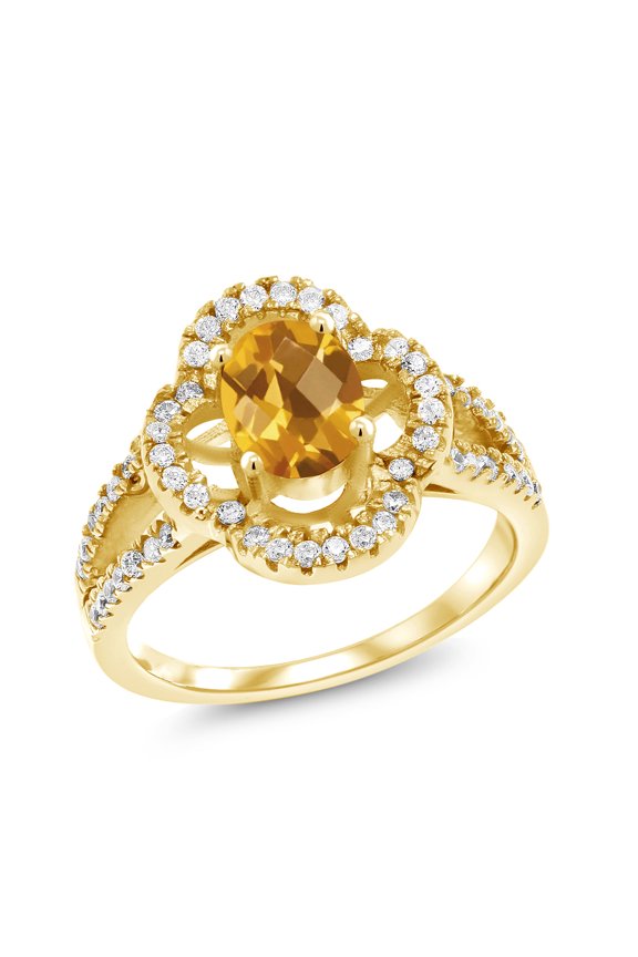 1.62 Ct Oval Checkerboard Yellow Citrine 18K Yellow Gold Plated Silver Spotlight Ring (Size 7)