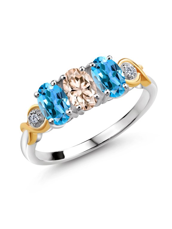 1.62 Ct Oval Peach Morganite Swiss Blue Topaz 925 Silver and 10K Yellow Gold G-H Lab Grown Diamond Women Ring (Size 5)