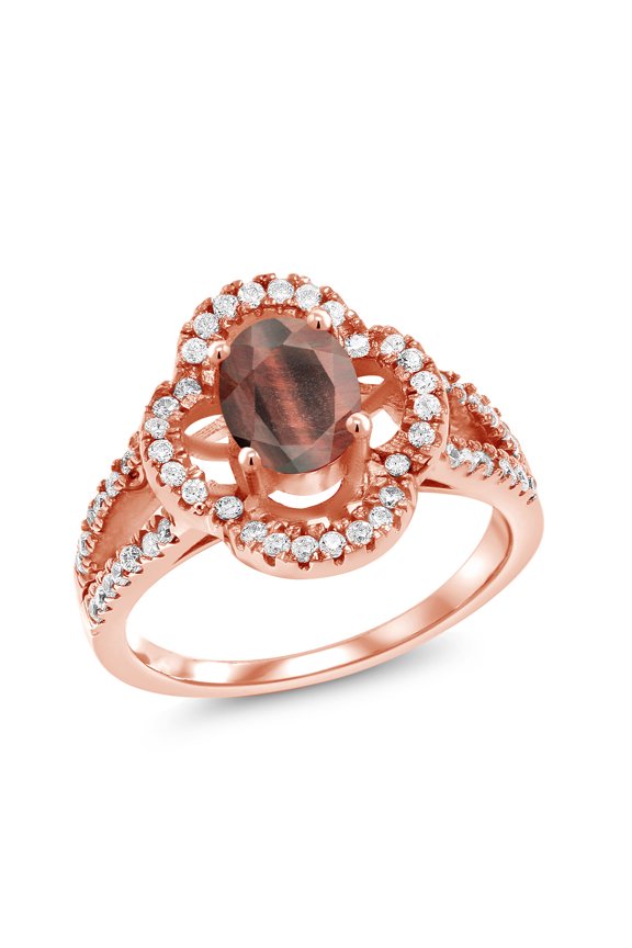 1.62 Ct Oval Red Tiger Eye 18K Rose Gold Plated Silver Ring (Size 5)