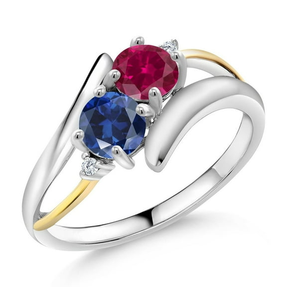 Gem Stone King 1.62 Ct Red Created Ruby Blue Created Sapphire 925 Silver and 10K Yellow Gold Lab Grown Diamond Two Stone Crossover Ring (Size 7)