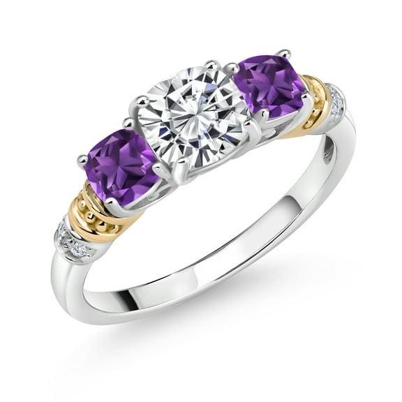 Gem Stone King 1.62 Cttw 925 Sterling Silver and 10K Yellow Gold IGI Certified Lab Grown Diamond and Amethyst 3 Stone Ring for Women | Center 1 Ct Cushion Diamond | E-F Color | VS1-VS2 (Size 8)