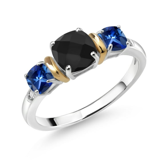 Gem Stone King 1.63 Ct Cushion Checkerboard Black Onyx Blue Created Sapphire 925 Silver and 10K Yellow Gold Diamond 3-Stone Ring (Size 5)