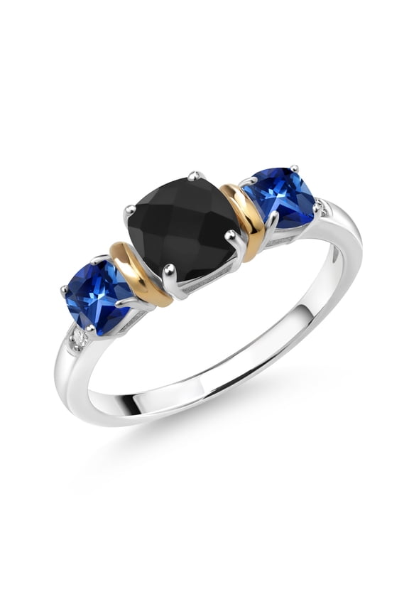 1.63 Ct Cushion Checkerboard Black Onyx Blue Created Sapphire 925 Silver and 10K Yellow Gold Diamond 3-Stone Ring (Size 5)