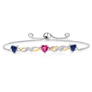 Gem Stone King 1.63 Ct Heart Shape Blue Created Sapphire Pink Created Sapphire 925 Silver and 10K Yellow Gold Lab Grown Diamond Bracelet for Women