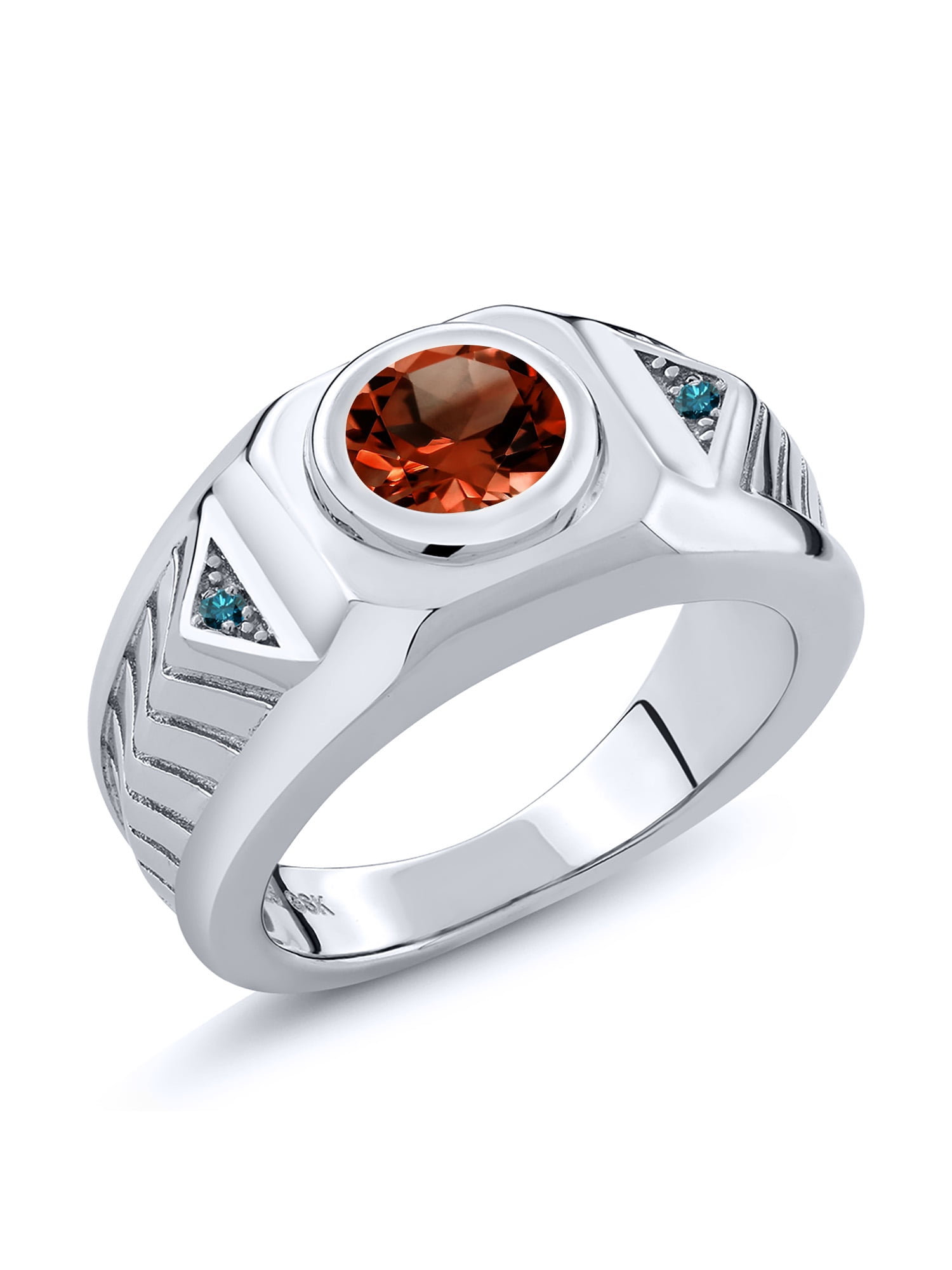 Gem Stone King 1.63 Ct Round Red Garnet Blue Diamond 925 Sterling Silver  Men's Ring