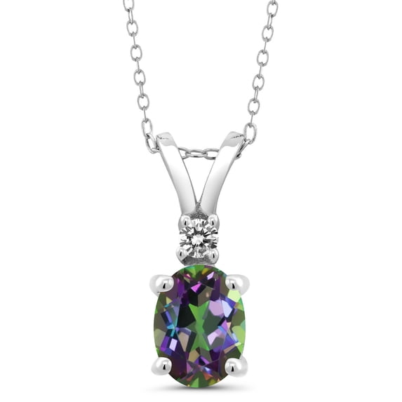 Gem Stone King 1.64 Ct Oval Green Mystic Topaz White Diamond 925 Sterling Silver Pendant