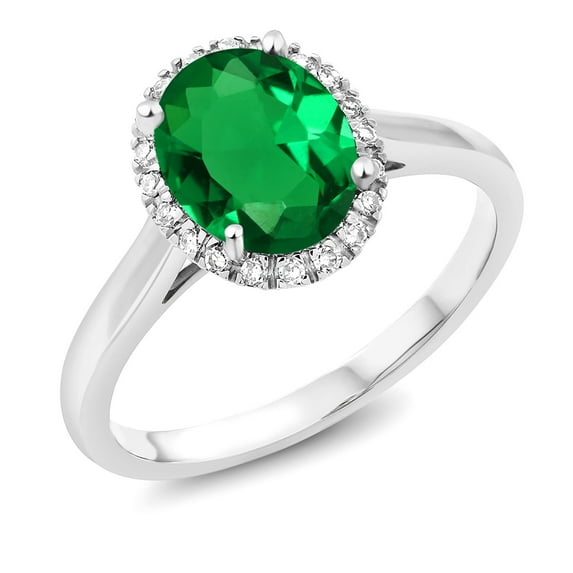 Gem Stone King 1.64 Ct Oval Green Nano Emerald White Diamond 10K White Gold Ring