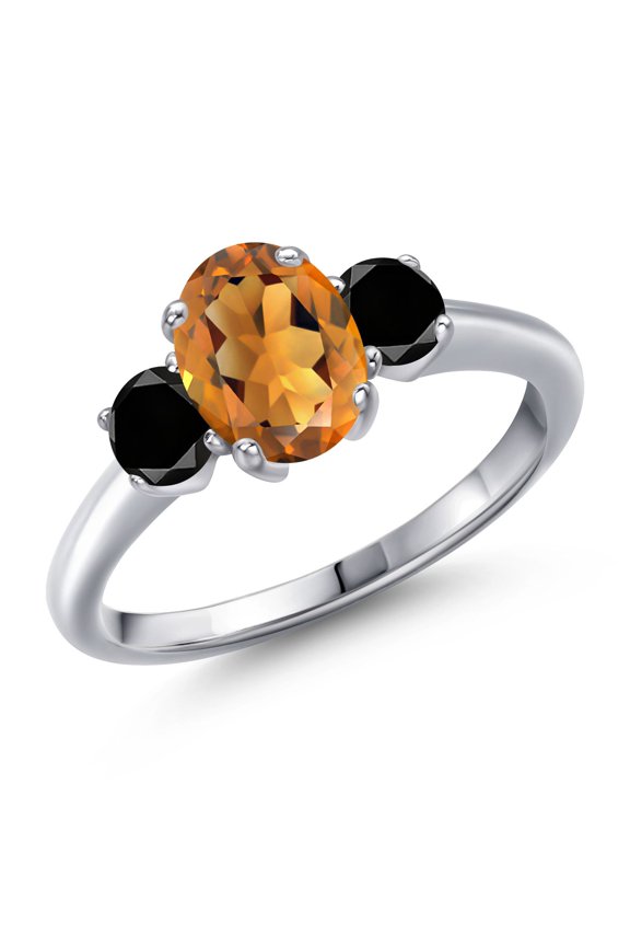1.64 Ct Oval Orange Red Madeira Citrine Black Diamond 925 Sterling Silver Ring