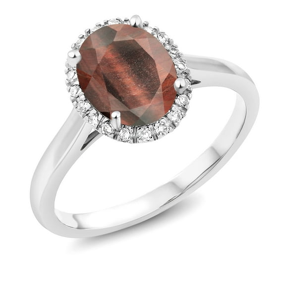 Gem Stone King 1.64 Ct Oval Red Tiger Eye White Diamond 10K White Gold Ring