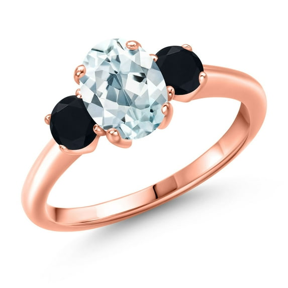 Gem Stone King 1.64 Ct Oval Sky Blue Aquamarine Black Onyx 18K Rose Gold Plated Silver Ring