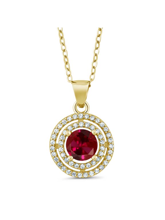 1.64 Ct Round Red Created Ruby 18K Yellow Gold Plated Silver Pendant