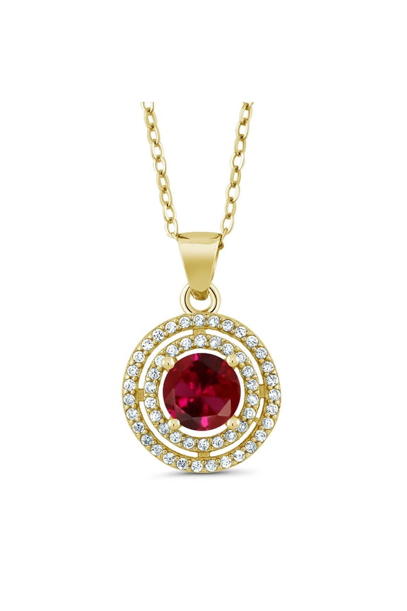 1.64 Ct Round Red Created Ruby 18K Yellow Gold Plated Silver Pendant
